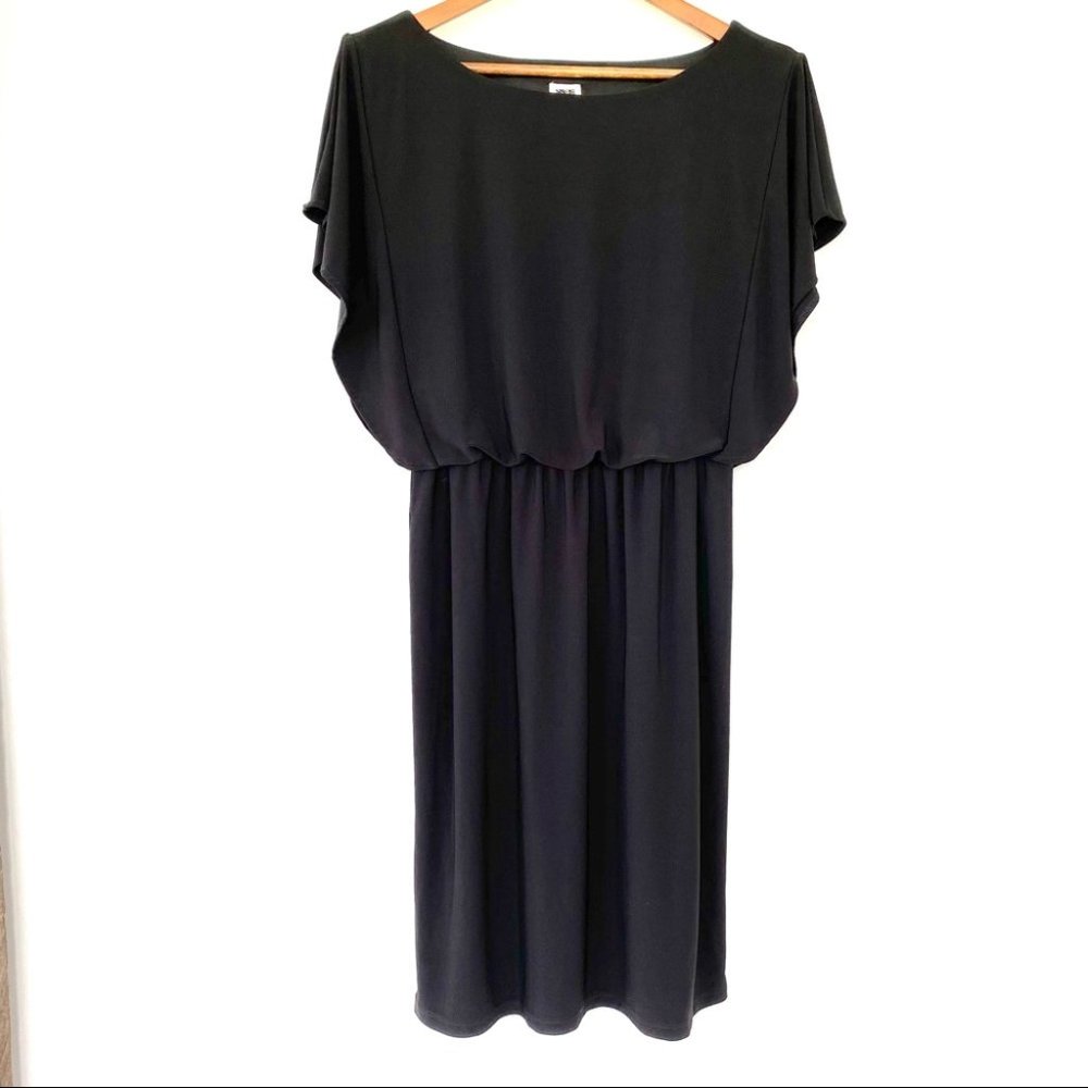 Anne Klein black midi dress with blouson top, pullover style jersey knit